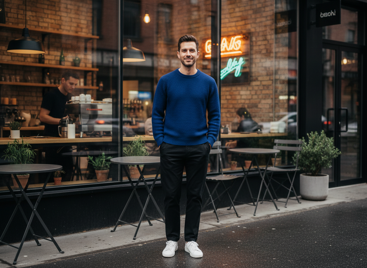 Smart-Casual - Cobalt Knit, Black Chinos, White Trainers
