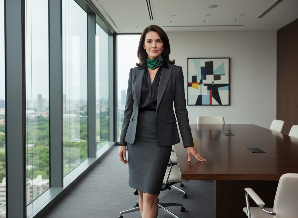 Formal - Charcoal Skirt Suit, Forest Green Scarf