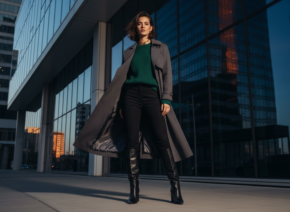Outerwear - Charcoal Trench, Emerald Knit, Black Boots