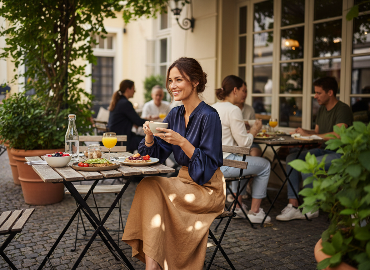 Smart-Casual - Warm Navy Blouse, Camel Skirt