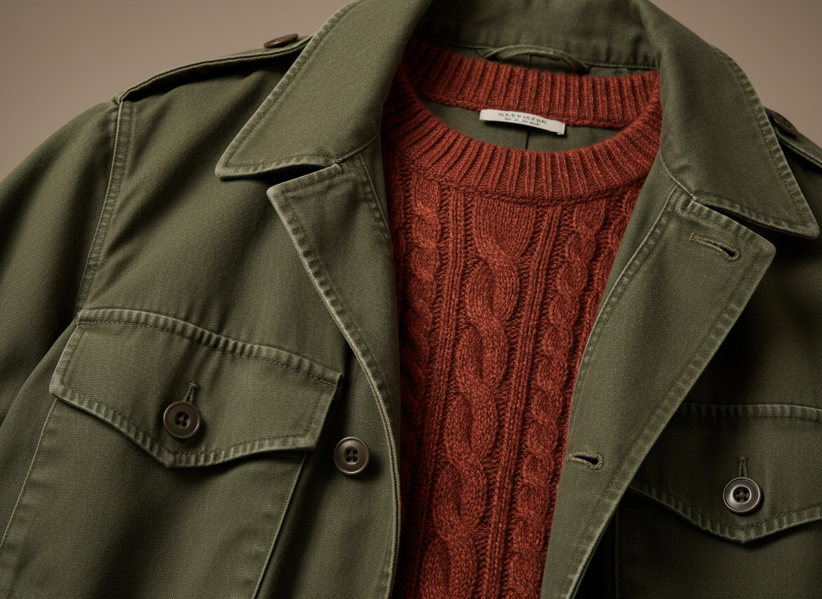 Outerwear - Olive Field Jacket, Rust Knit