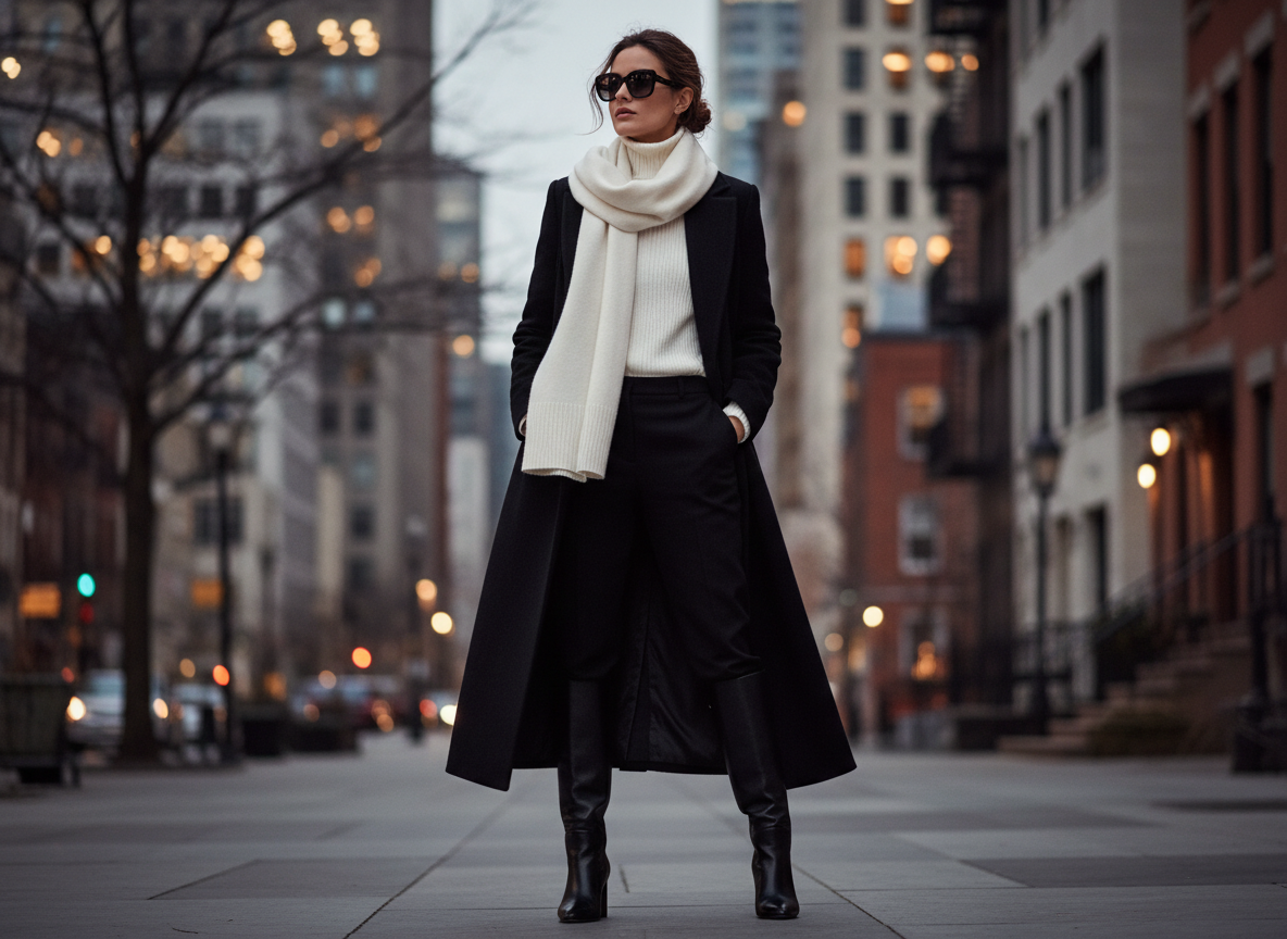 Outerwear - Black Overcoat, White Scarf, City Backdrop