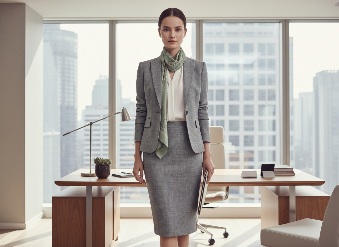 Formal - Heather Grey Skirt Suit, Soft White Blouse, Sage Scarf