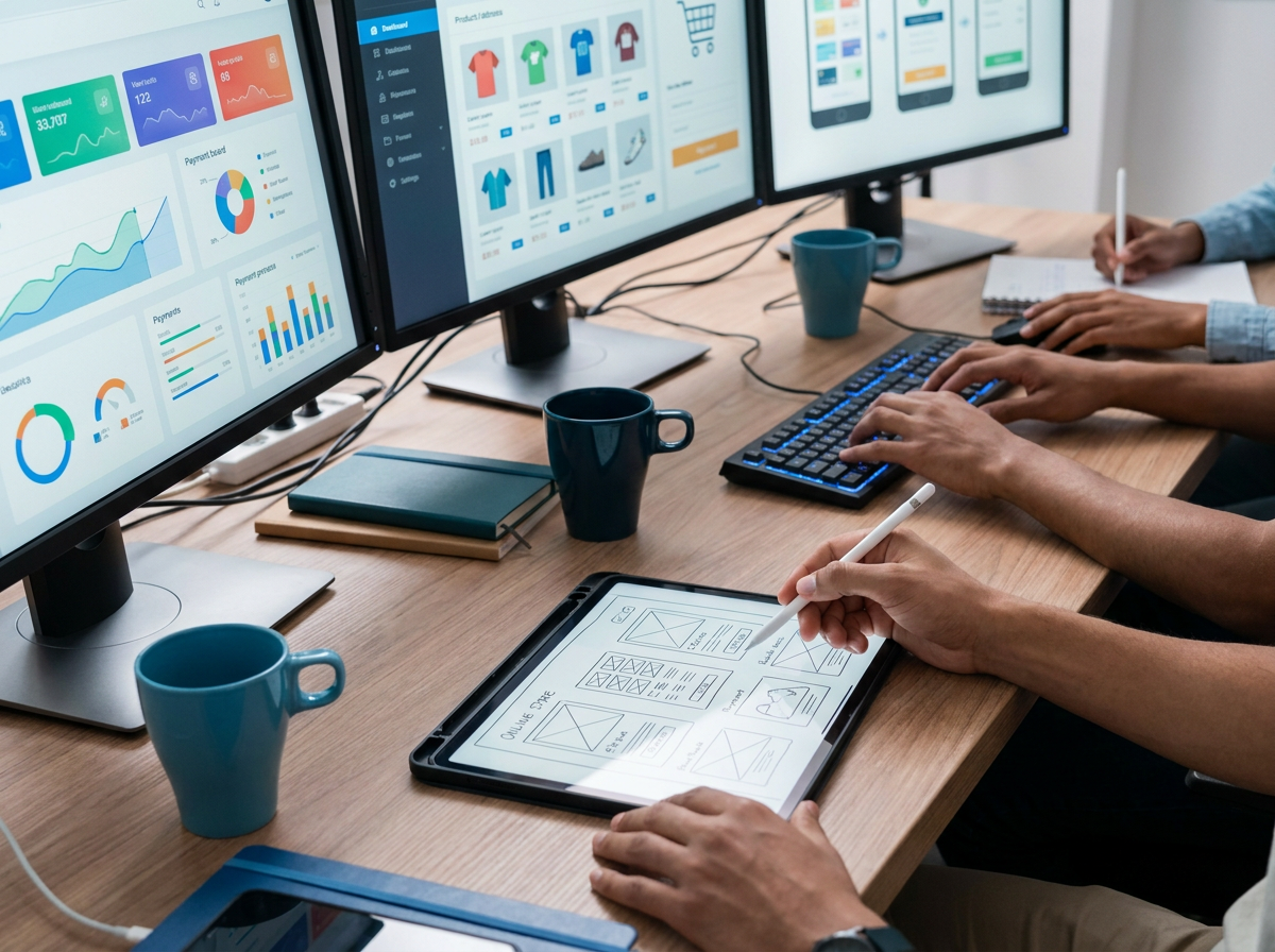 Team di sviluppo web che lavora su un progetto e-commerce personalizzato con dashboard e analisi dati
