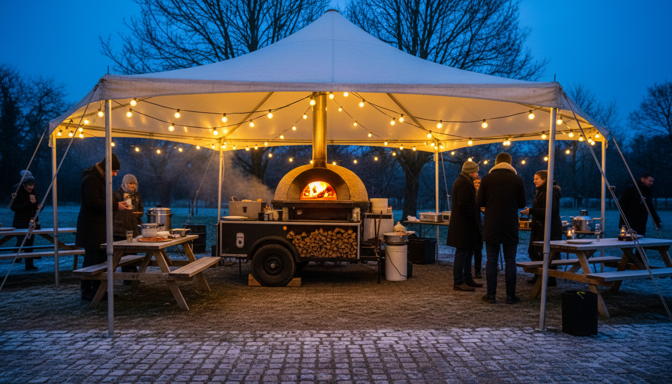 Winter event catering with wood-fired pizza oven glowing under festoon lights at dusk