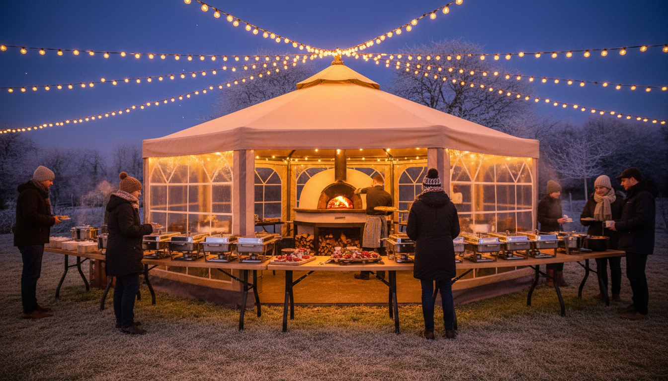 Winter event catering with covered pizza oven setup, festoon lighting and guests in warm coats