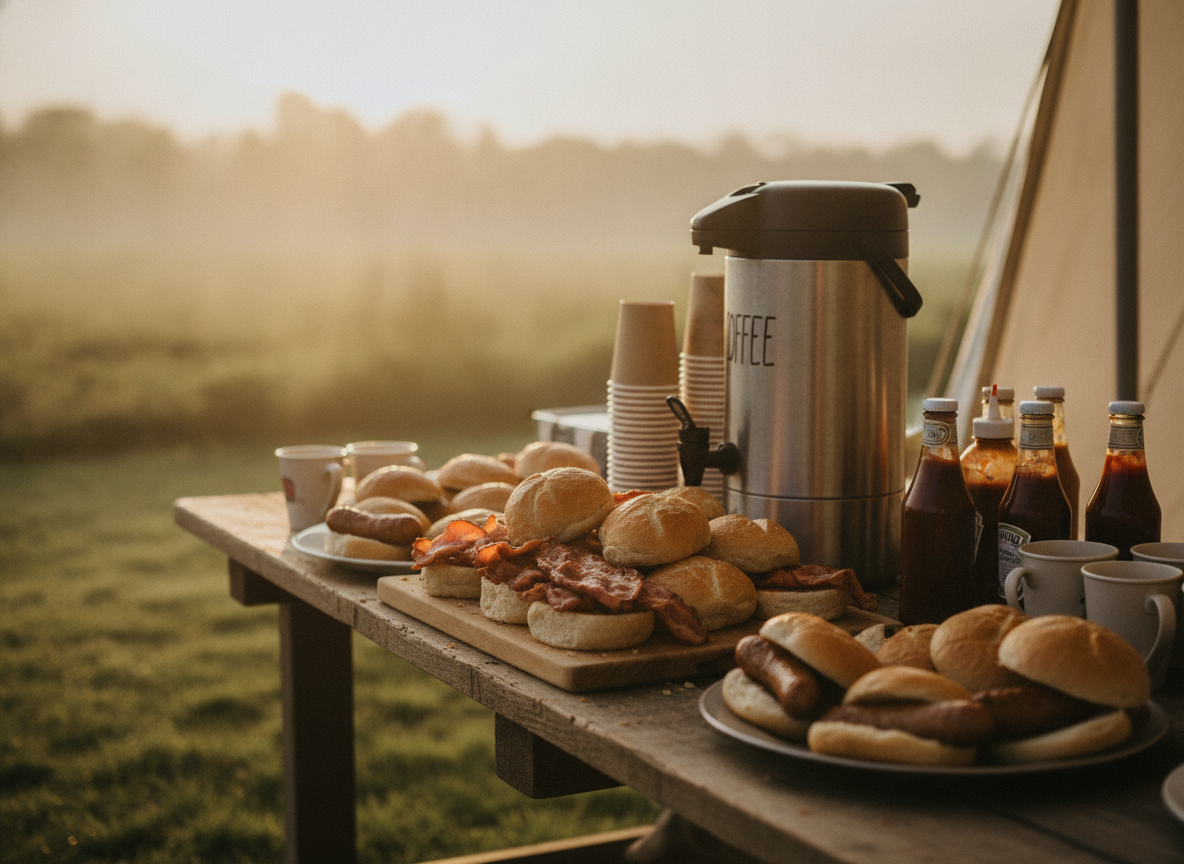 Freshly prepared breakfast catering with bacon rolls, sausage baps and hot drinks for an outdoor event