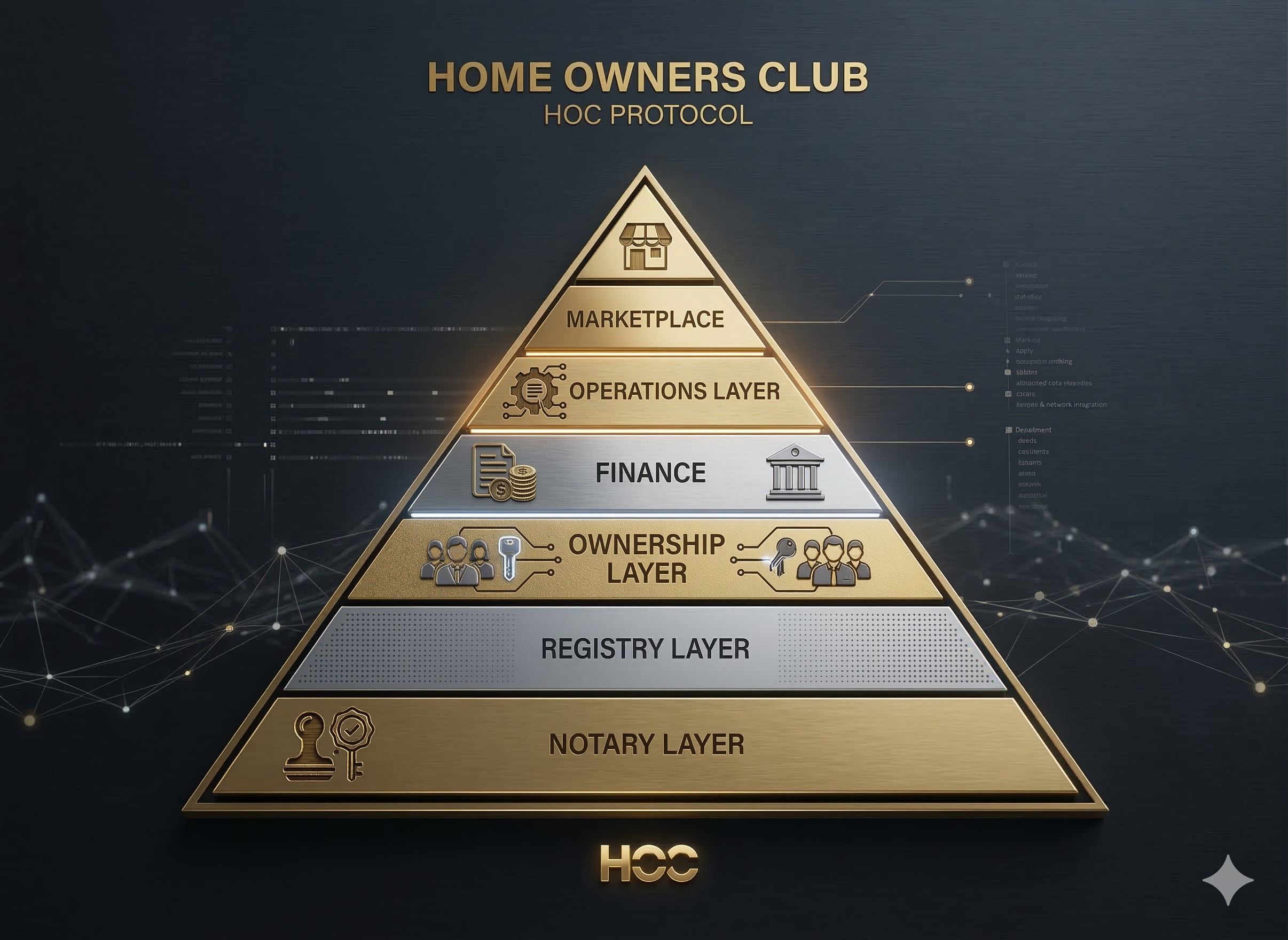 HOC Protocol Stack - Six layers: Marketplace, Operations Layer, Finance, Ownership Layer, Registry Layer, Notary Layer