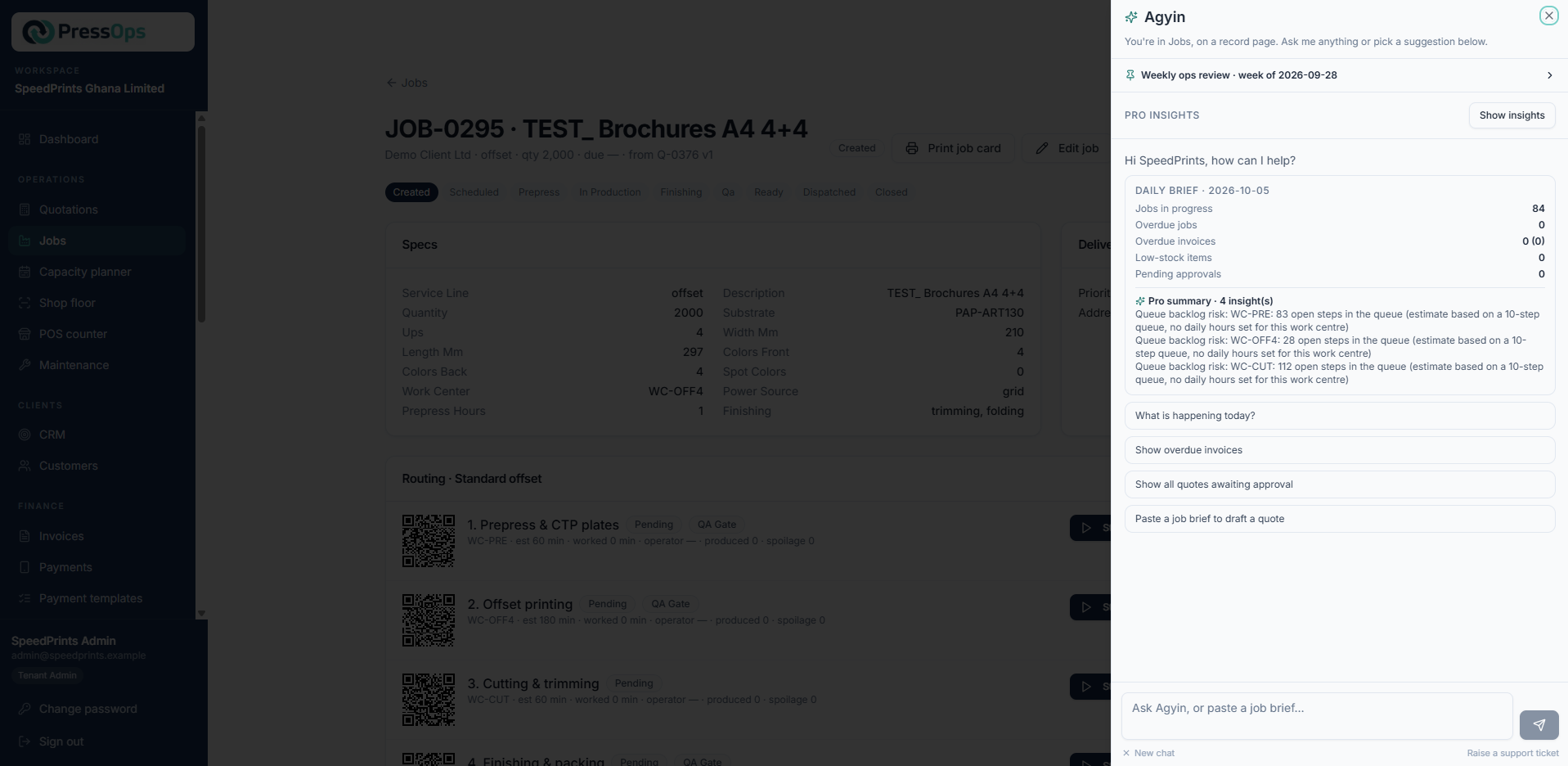 Agyin AI assistant showing daily brief with jobs in progress, overdue invoices, and pro insights including queue backlog risk analysis