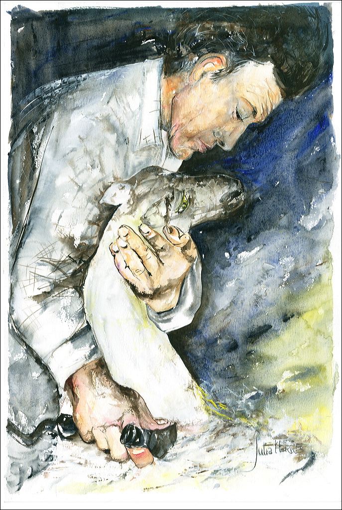Shearing scene — watercolour painting by Julia Harris, Welsh artist