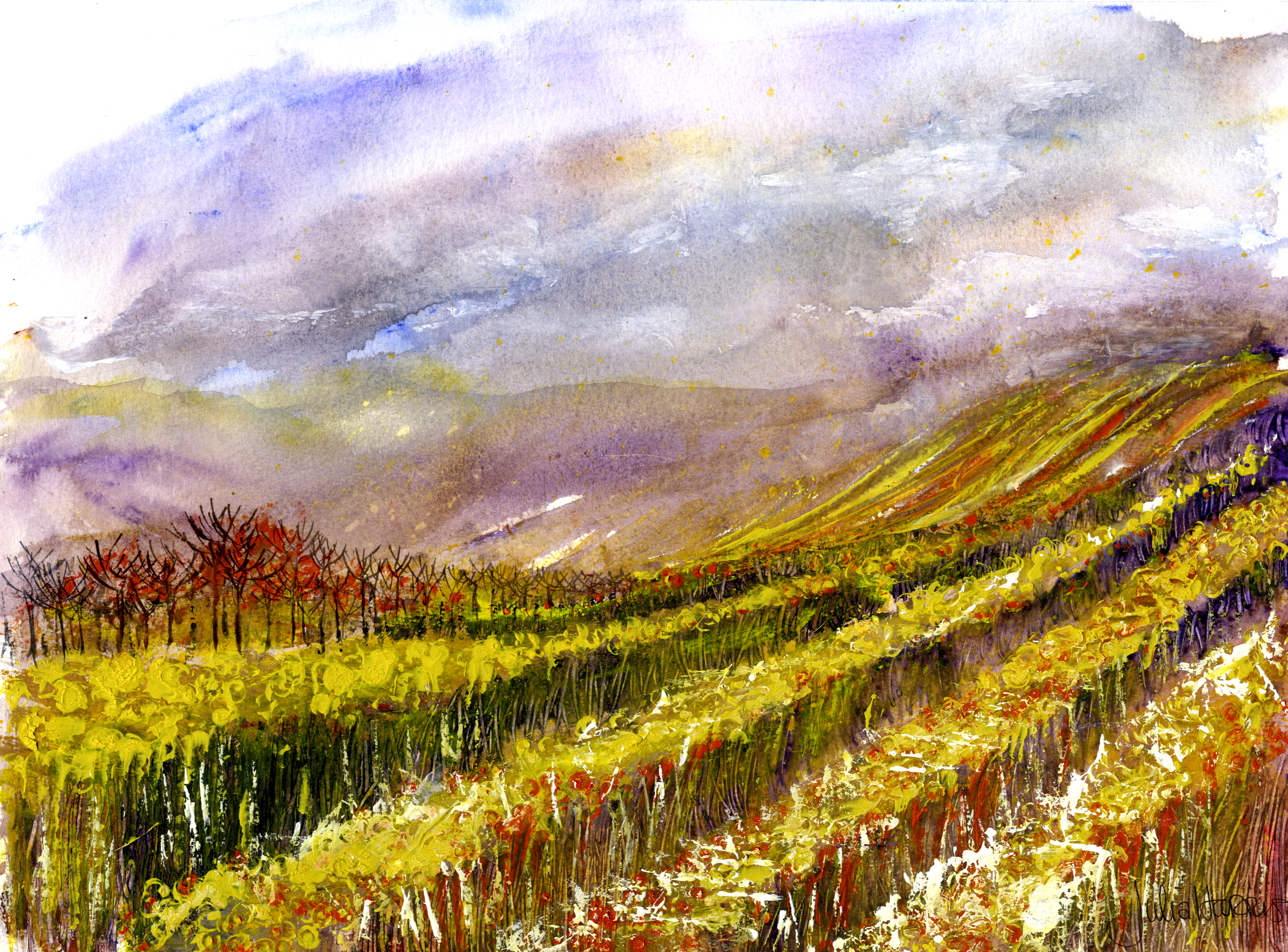 Harvest scene — watercolour painting by Julia Harris, Welsh artist