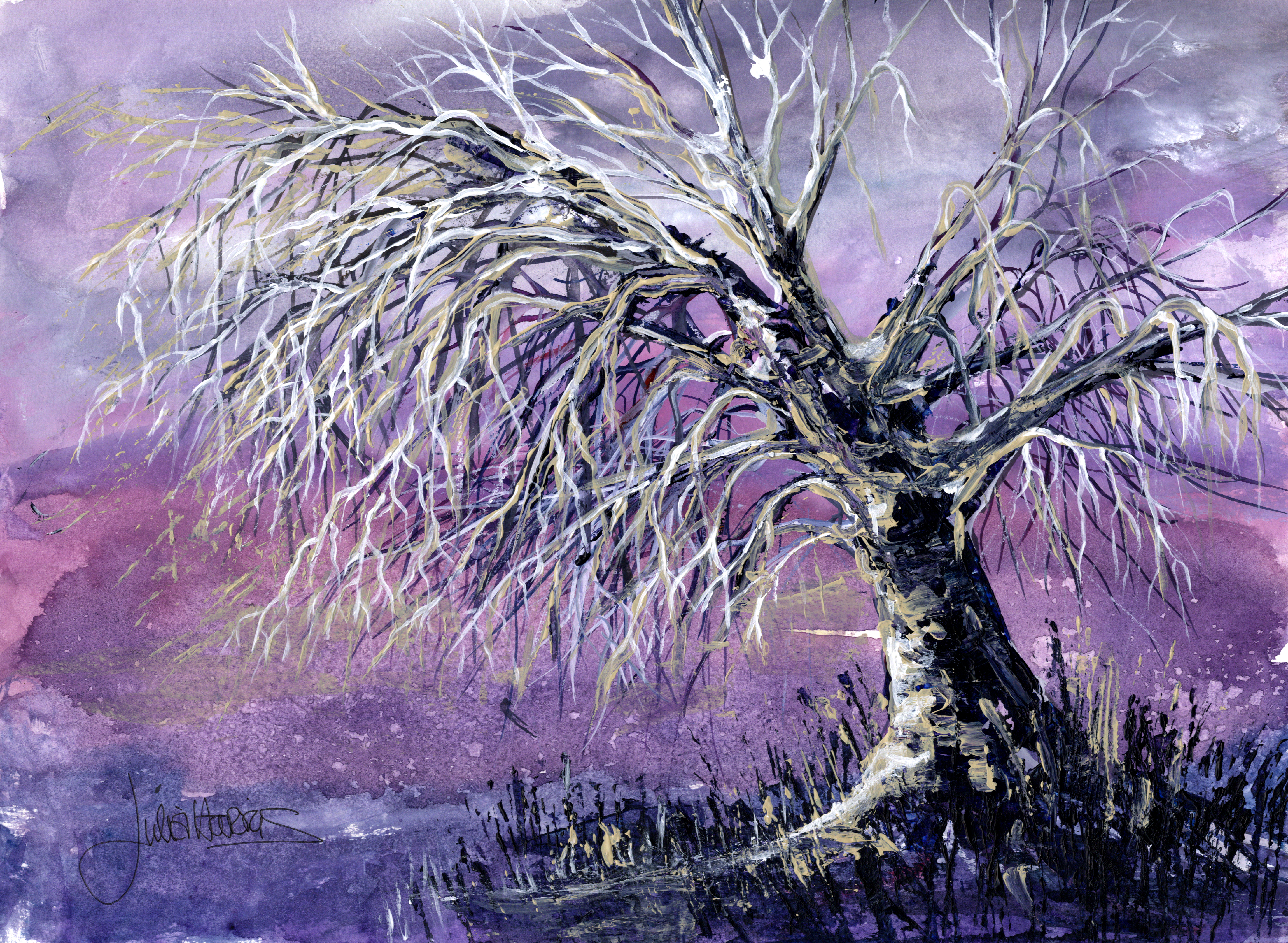 Purple Frosted Tree — seasonal watercolour by Julia Harris, Welsh artist