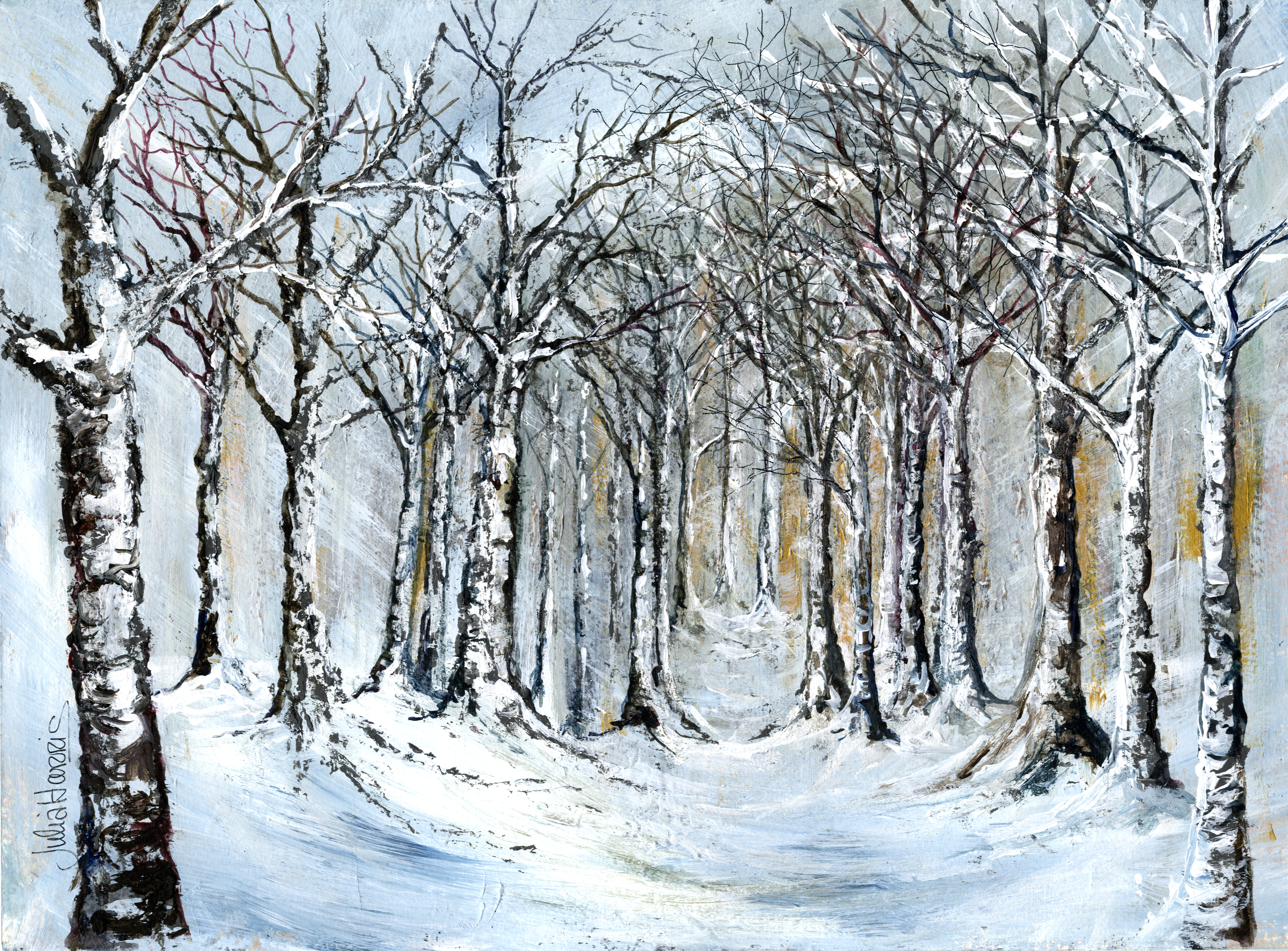 Winter trees in the Welsh landscape — watercolour by Julia Harris