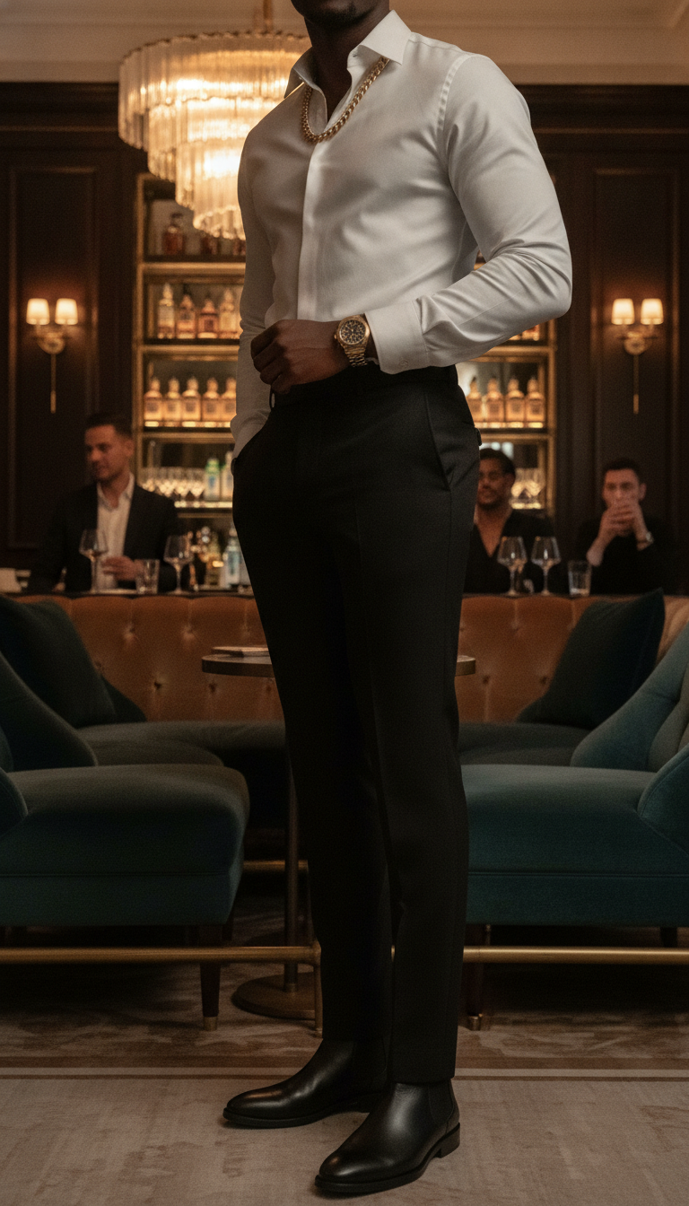 Status Grandeur outfit — man, white shirt with gold chain