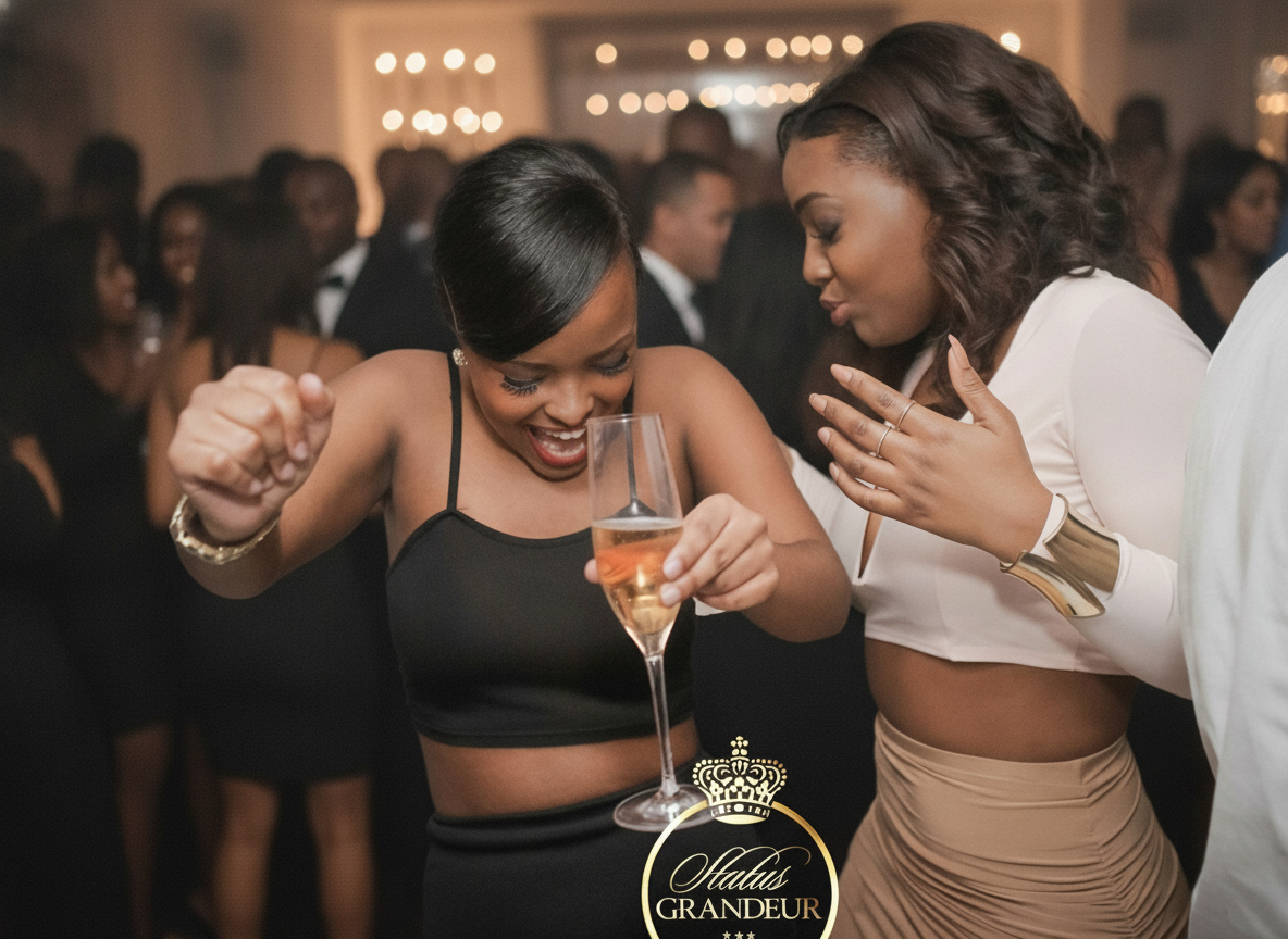Status Grandeur event — guests dancing with champagne, background crowd