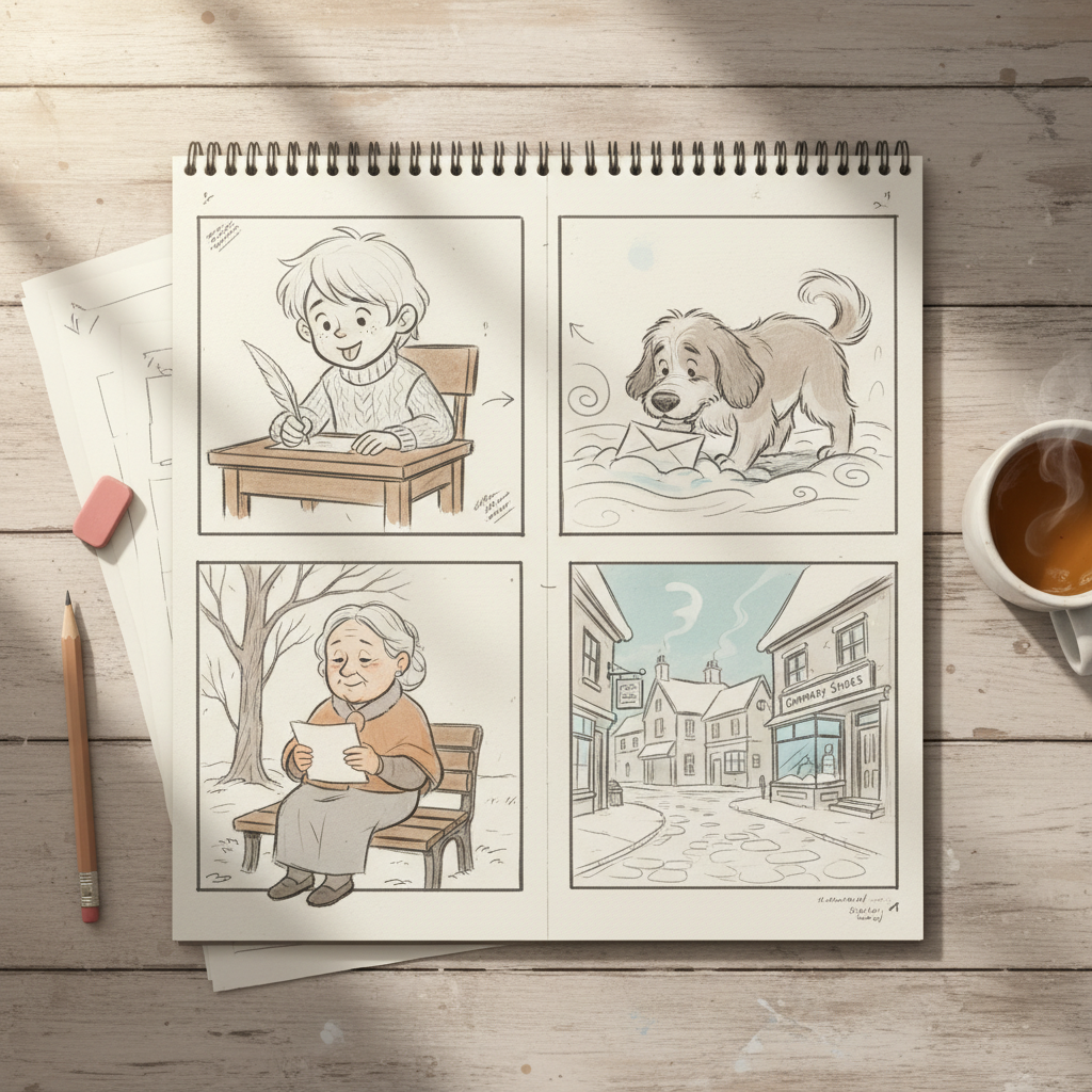 Storyboard sketch for The Lost List, showing key scenes and notes on a table