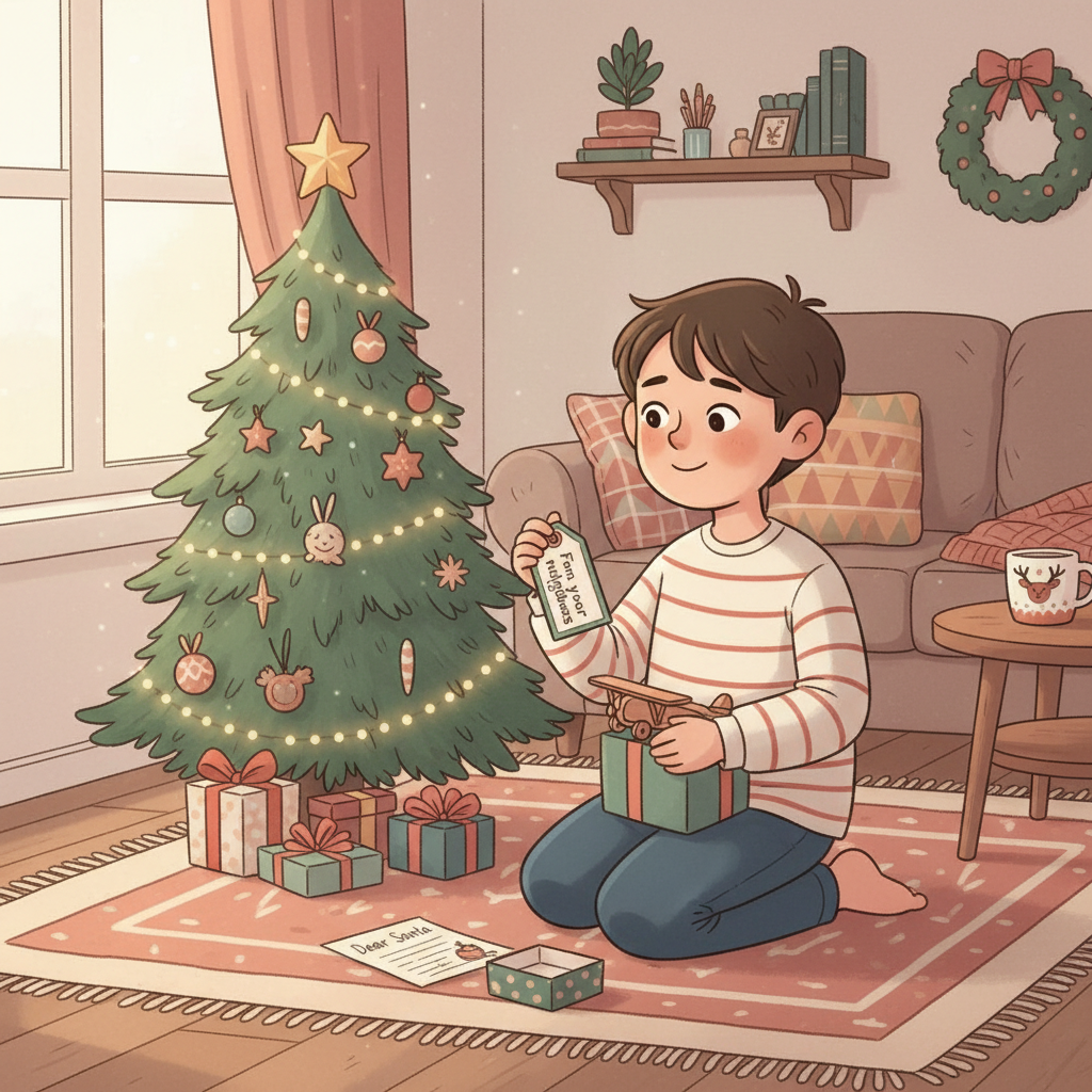Boy opening a present beside the Christmas tree, The Lost List style