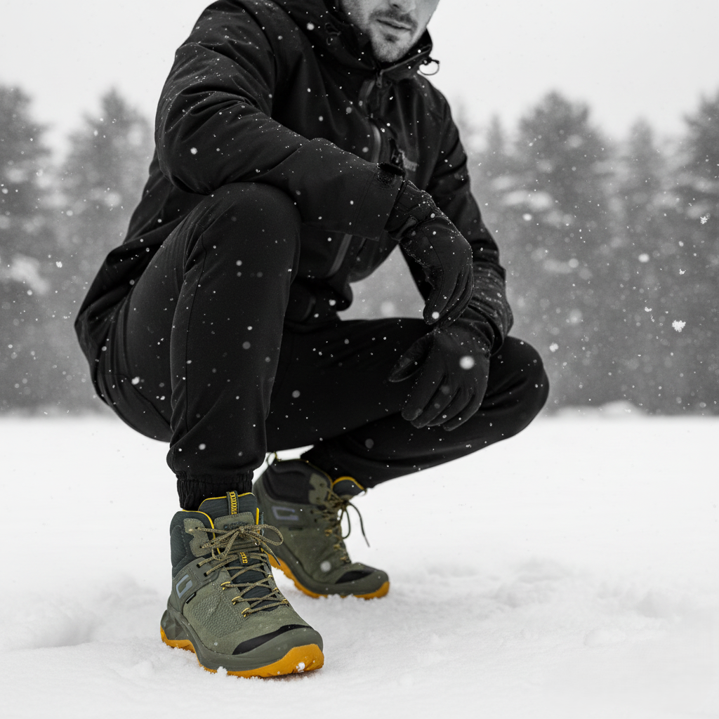 Close-up of winter walking boots in snow