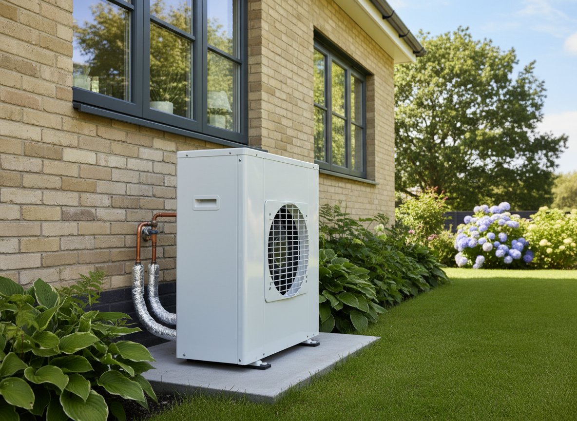 Air source heat pump installed outside a home