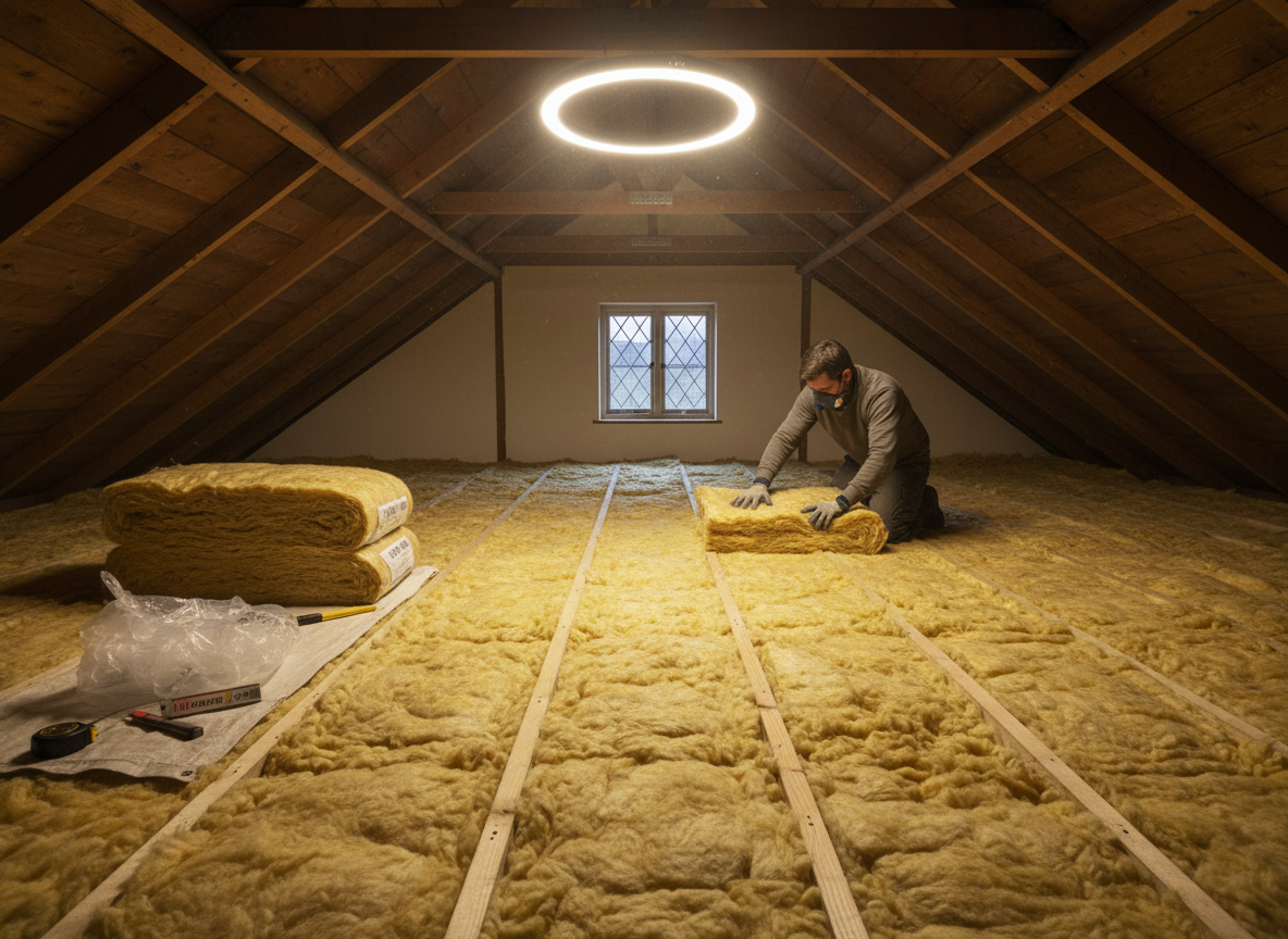 Loft insulation being installed in a home