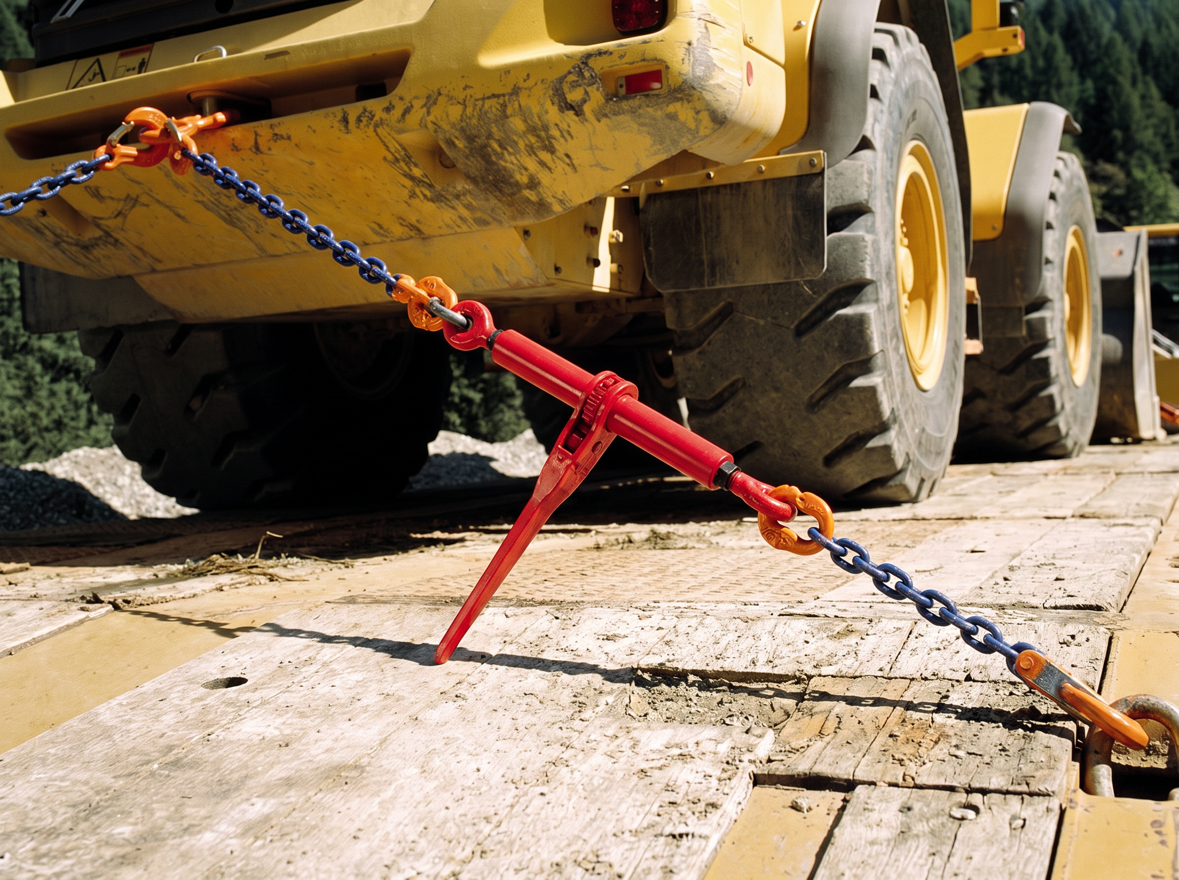 Gespannter Ratschenlastspanner mit Spannhebel in blauer Zurrkette zwischen Maschine und Zurrpunkt der Ladefläche