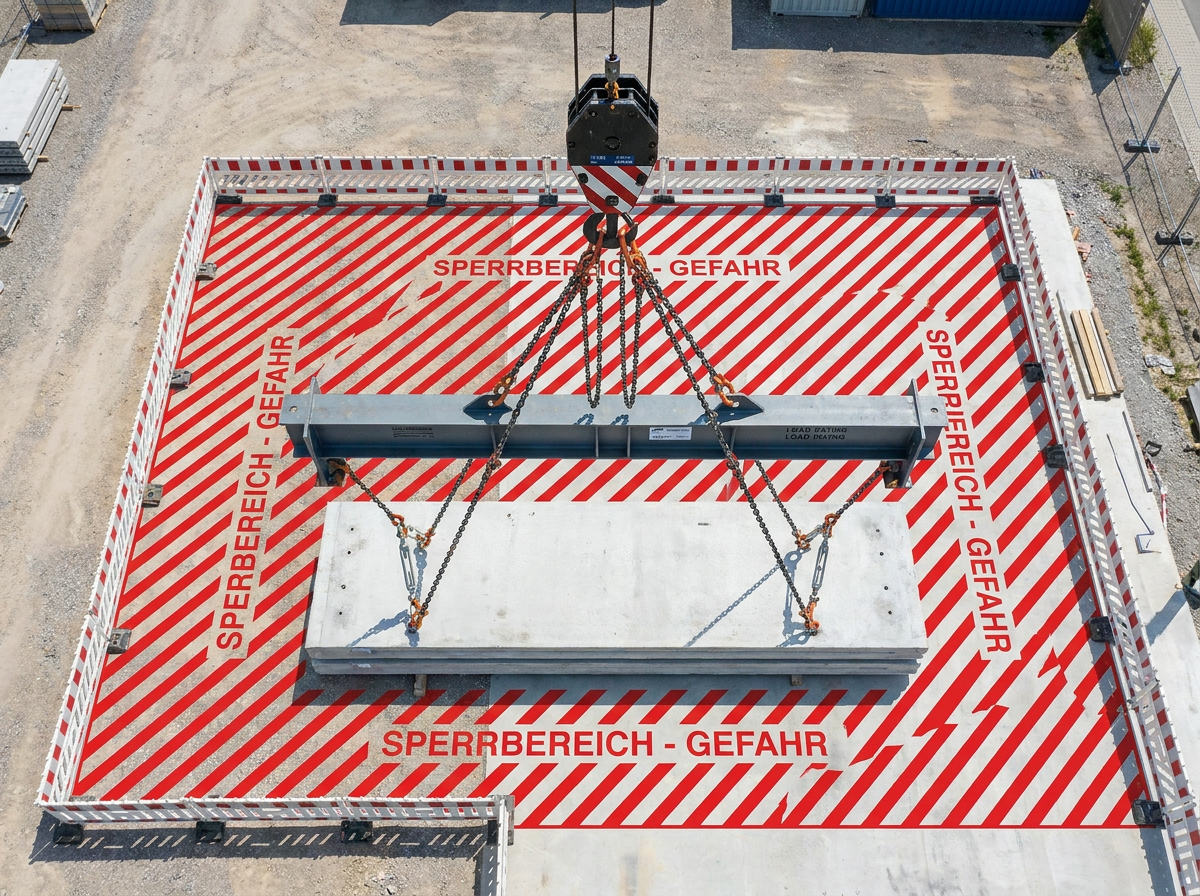 Baustelle mit schwebender Last und Sperrbereich