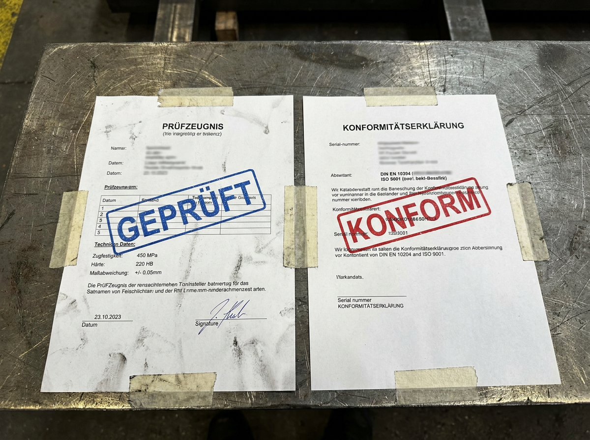 Zwei Dokumente nebeneinander: Prüfzeugnis mit Prüfstempel links, allgemeines Konformitätsdokument rechts