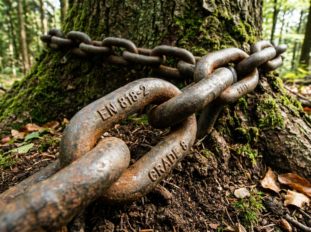 Forstkette nach EN 818-2 um Baumstamm beim Holzrücken