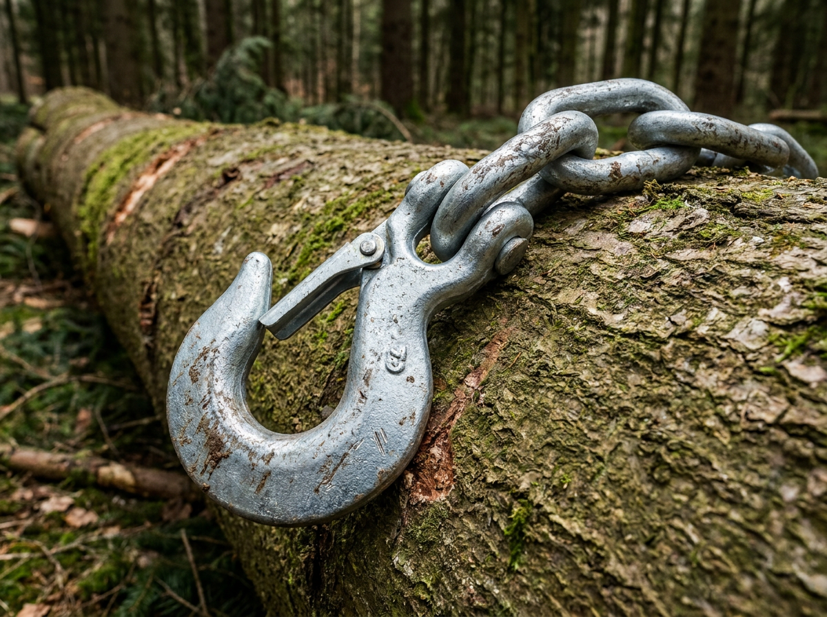 Forstkette nach EN 818-2 am Baumstamm beim Holzrücken – horizontale Zugbelastung