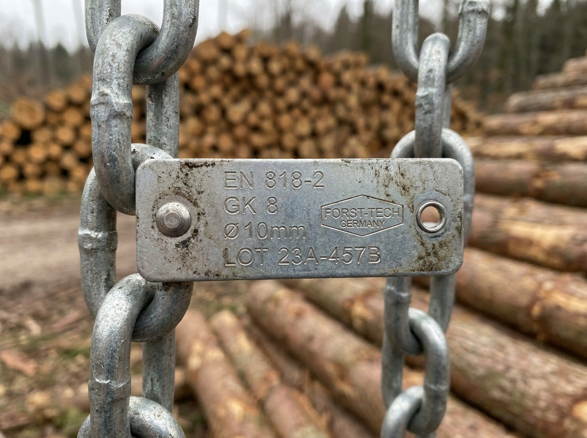 Normgerechte Kennzeichnung einer Forstkette EN 818-2 GK 8 Ø 10mm mit Chargennummer am Holzpolterplatz