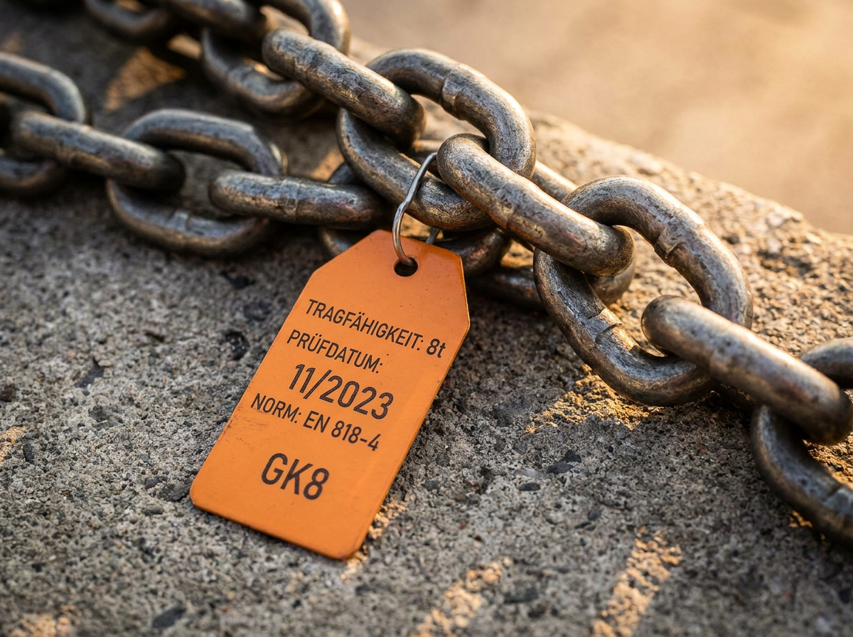 GK8-Anschlagkette mit orangem Prüfanhänger zeigt WLL, Prüfdatum und Norm EN 818-4