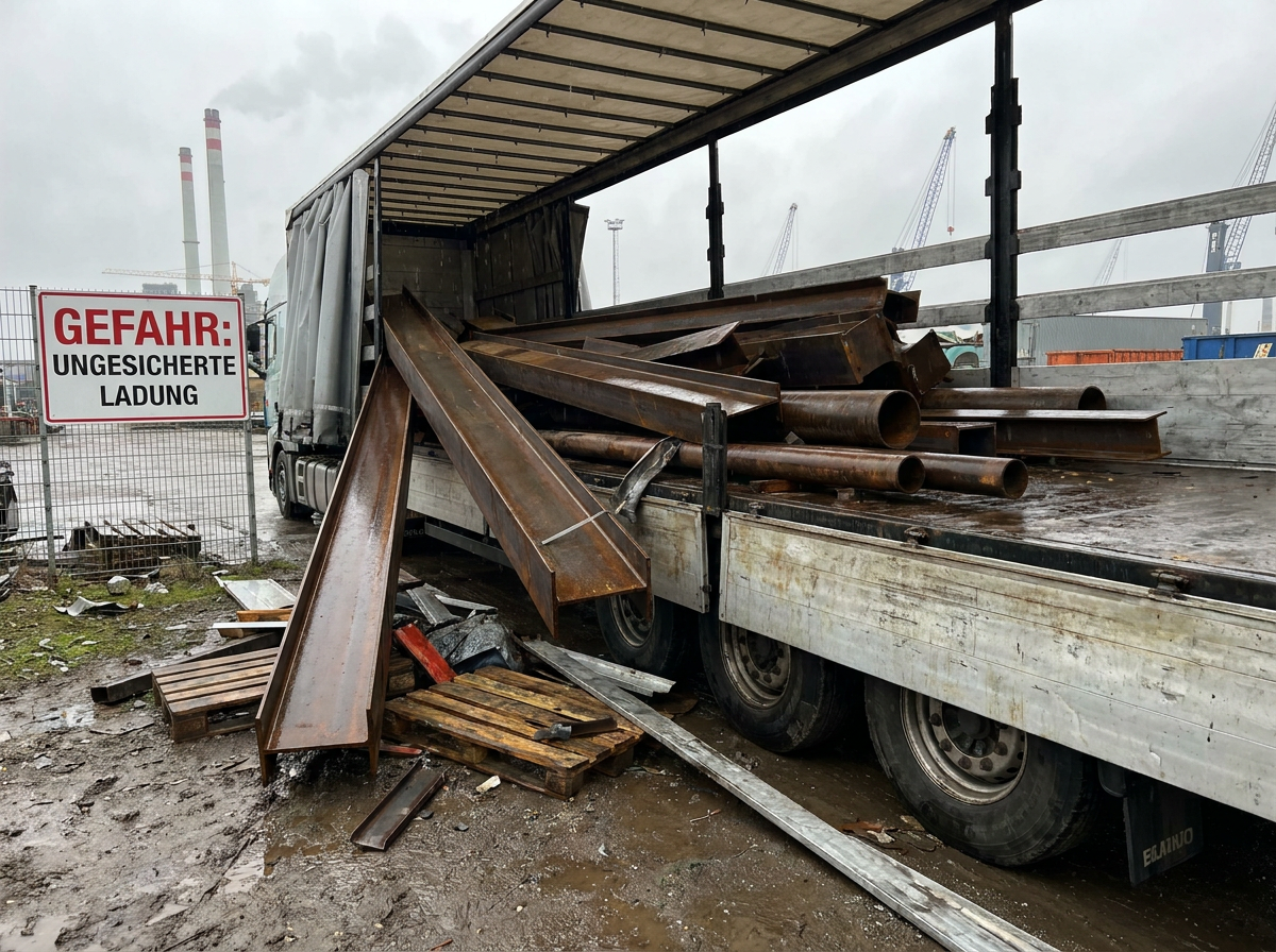 Verrutschte Ladung auf LKW durch fehlende Ladungssicherung
