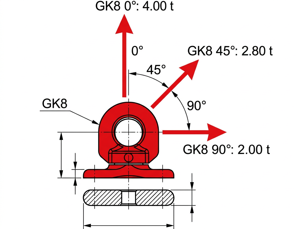 Lastwinkel-Schemazeichnung GK8-Anschlagpunkt: 0°, 45°, 90° mit Tragfähigkeitswerten