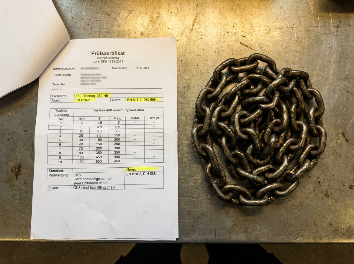 Prüfzeugnis einer Anschlagkette nach EN 818-4 liegt auf Industrieschreibtisch neben Stahlkette