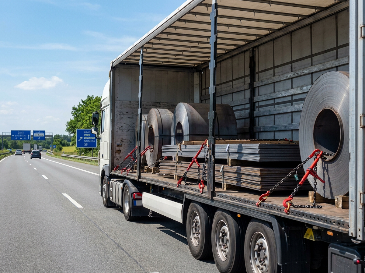 LKW-Auflieger mit korrekt gesicherter Stahlladung durch Zurrketten nach §22 StVZO