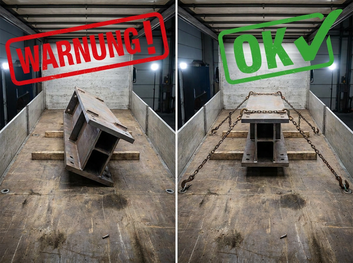 Vergleich: links verrutschte Ladung ohne Zurrketten, rechts normgerecht mit Zurrketten gesicherte Ladung