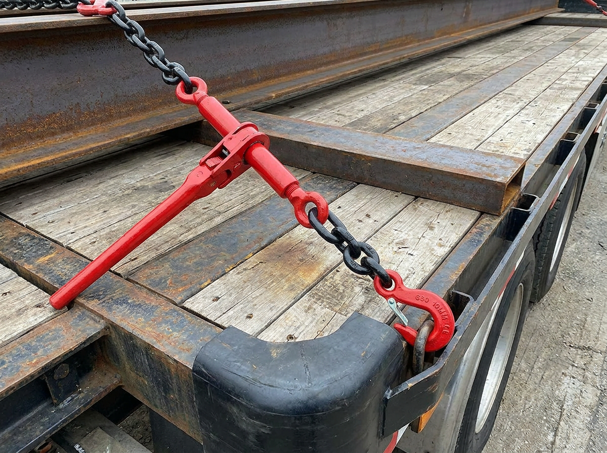 Zurrkette mit Ratschenlastspanner, am Zurrpunkt der Bordwand eingehakt, über Stahlträger auf LKW-Auflieger
