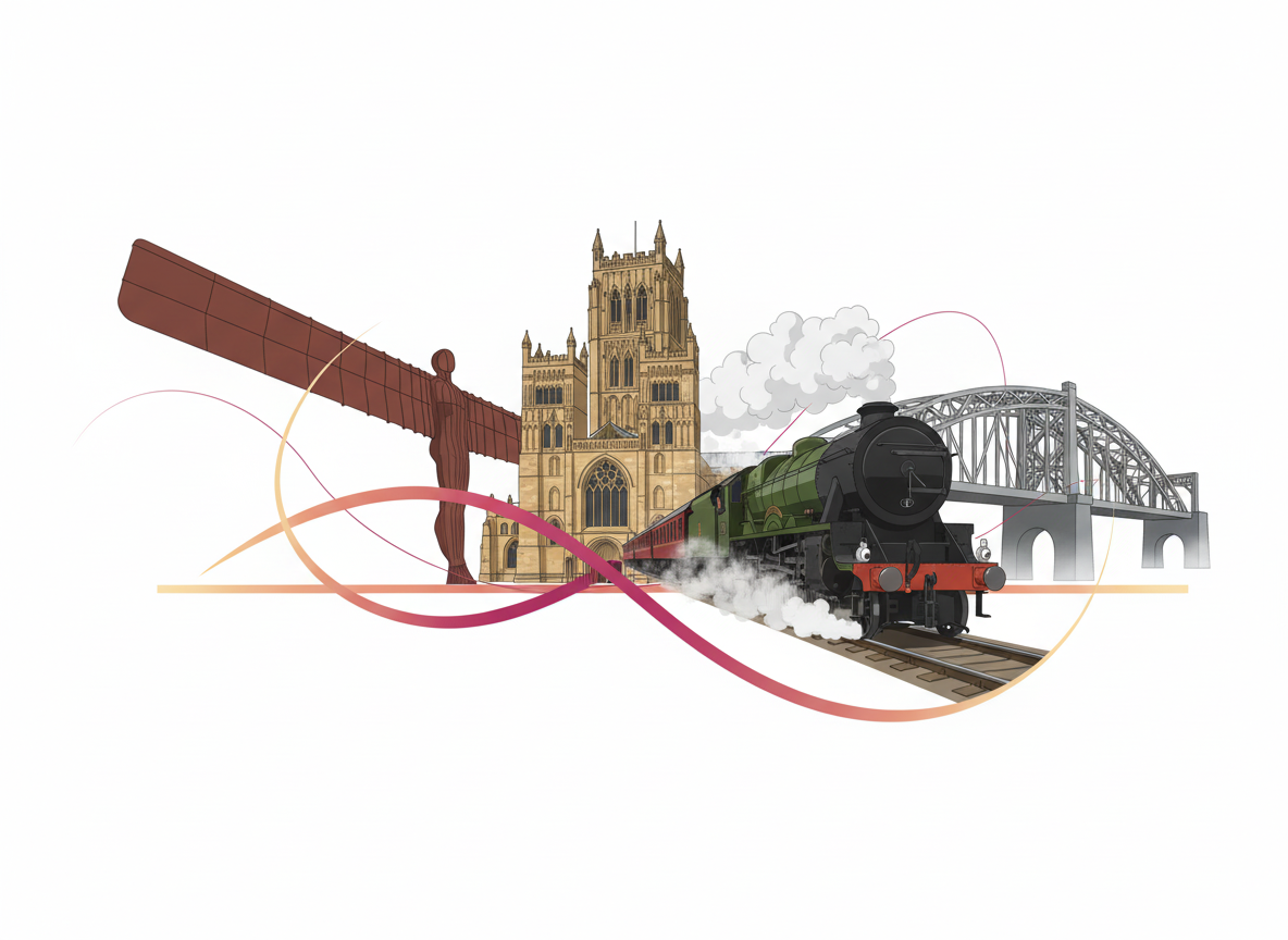 Iconic North East landmarks β Angel of the North, Durham Cathedral, Darlington Steam Train, and Teesside Transporter Bridge
