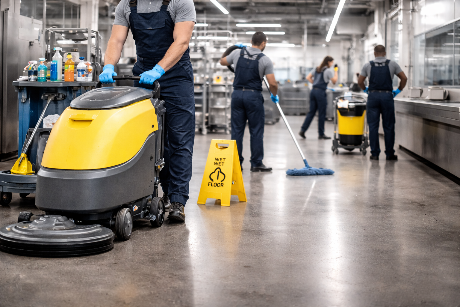 Echipă profesională de curățenie industrială