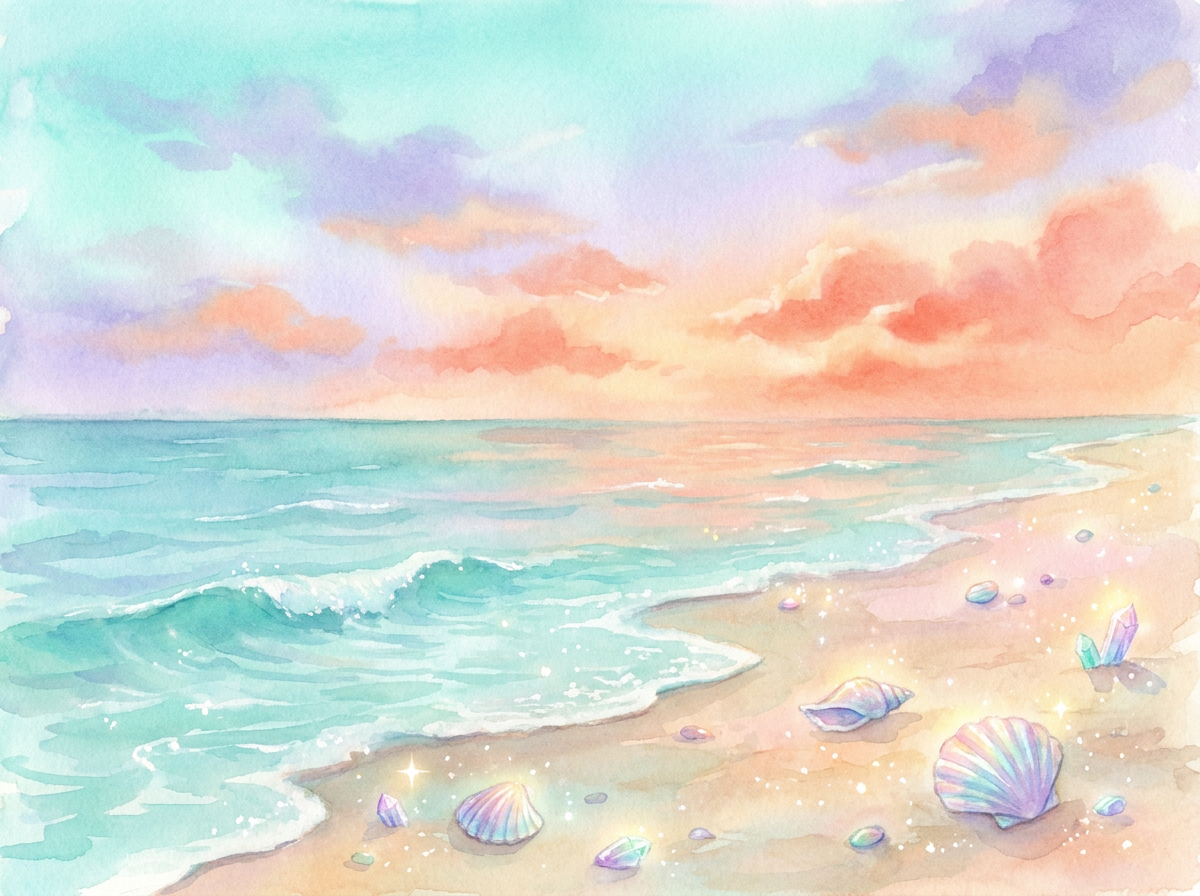 A peaceful ocean shoreline with shells and soft light