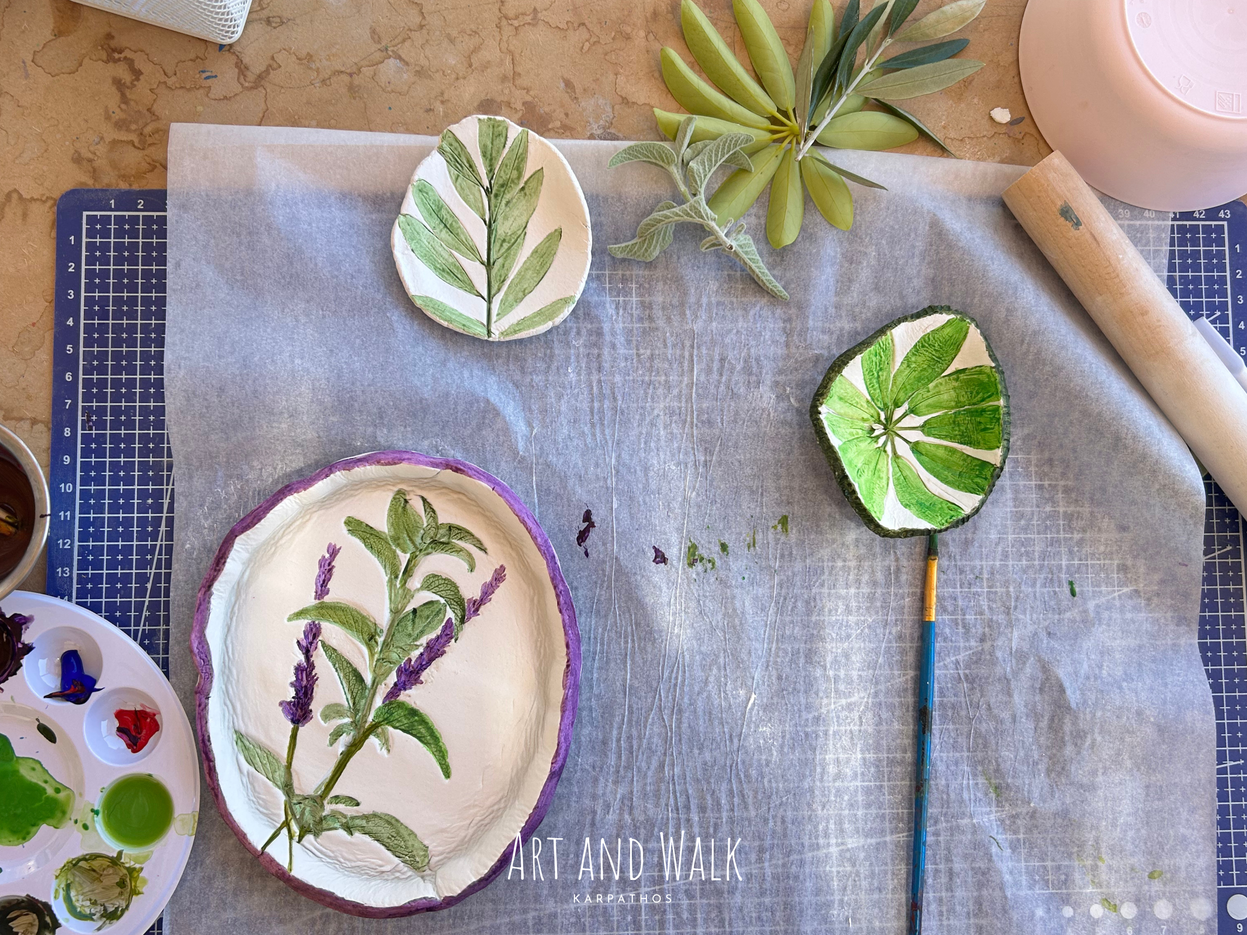 Botanical clay creations with lavender and leaf imprints