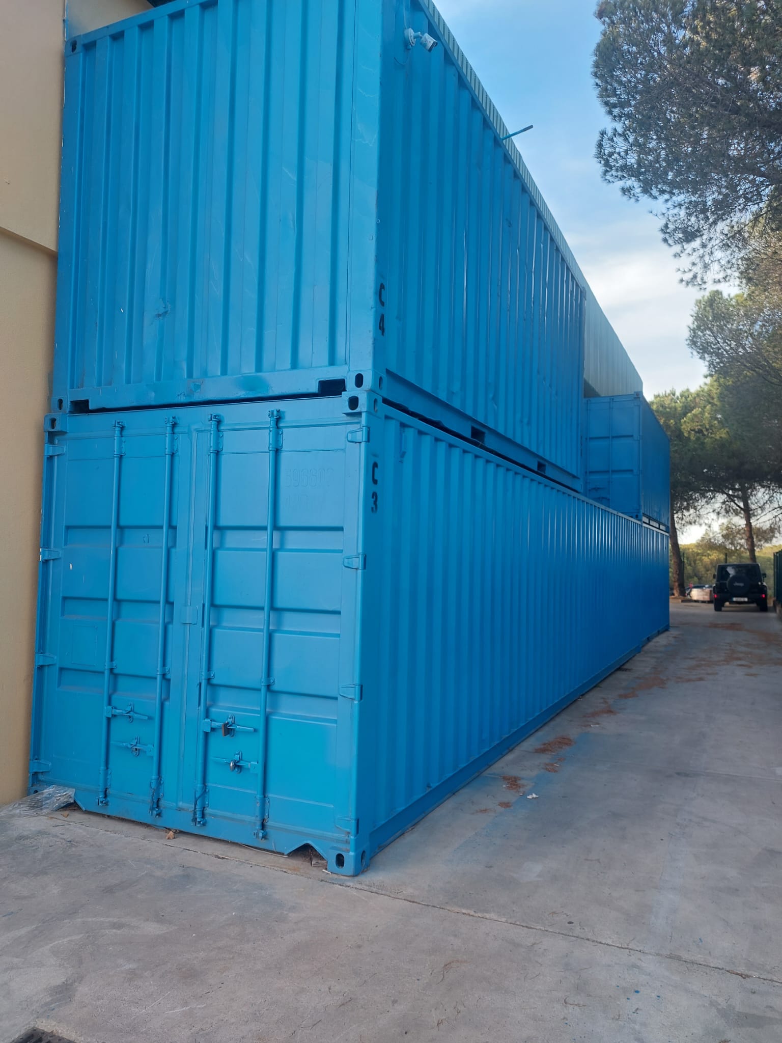 Stacked blue storage containers