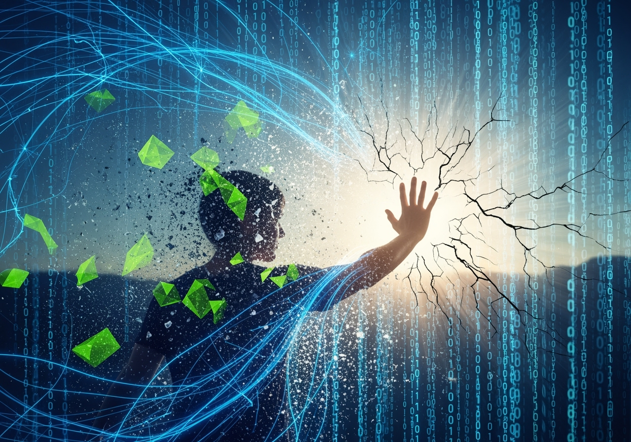 Breaking the simulation showing digital matrix code, reality glitches, breaking free from control systems, and awakening from programmed illusion in light greens and blues