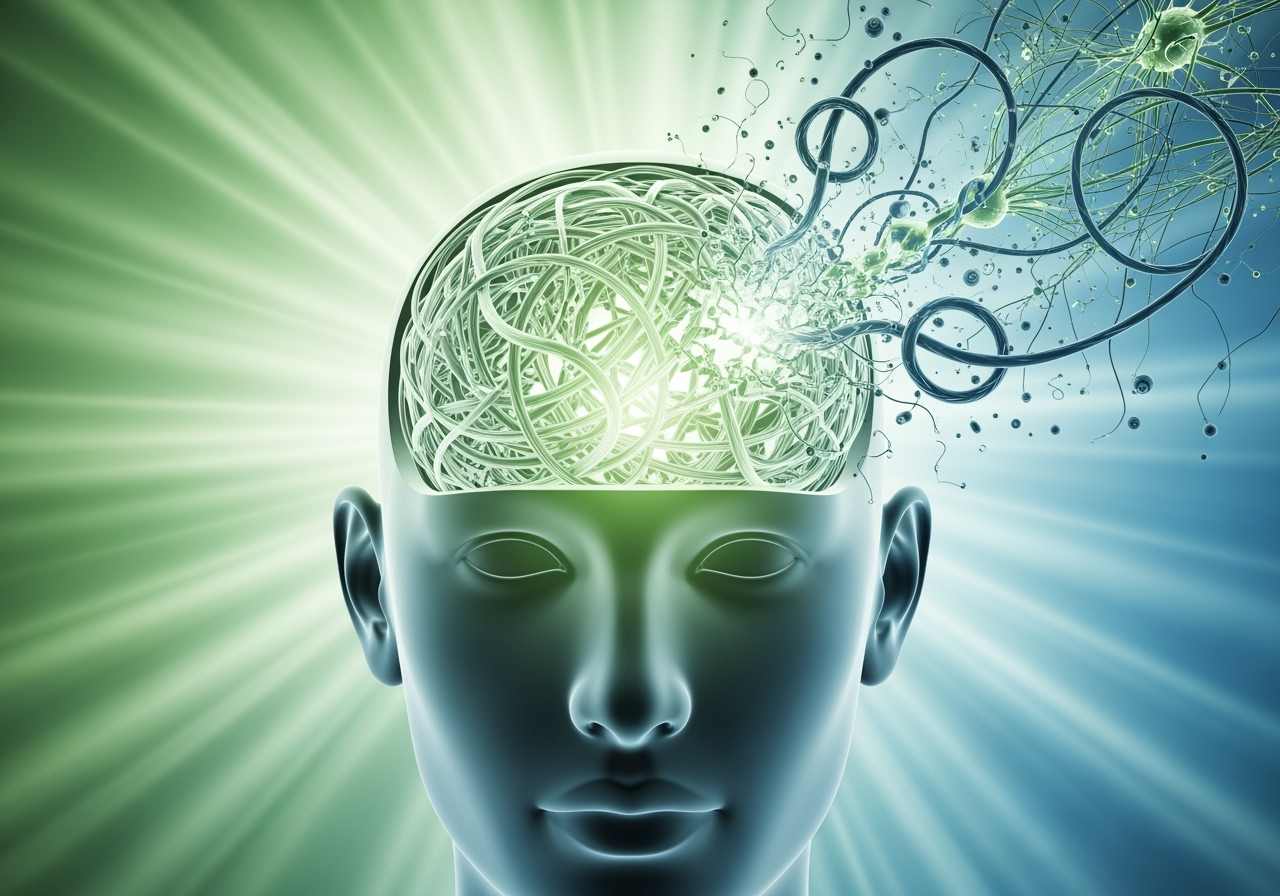 Breaking mental patterns showing unconscious thought patterns, mental loops, cognitive reprogramming, and breaking free from limiting beliefs in light greens and blues