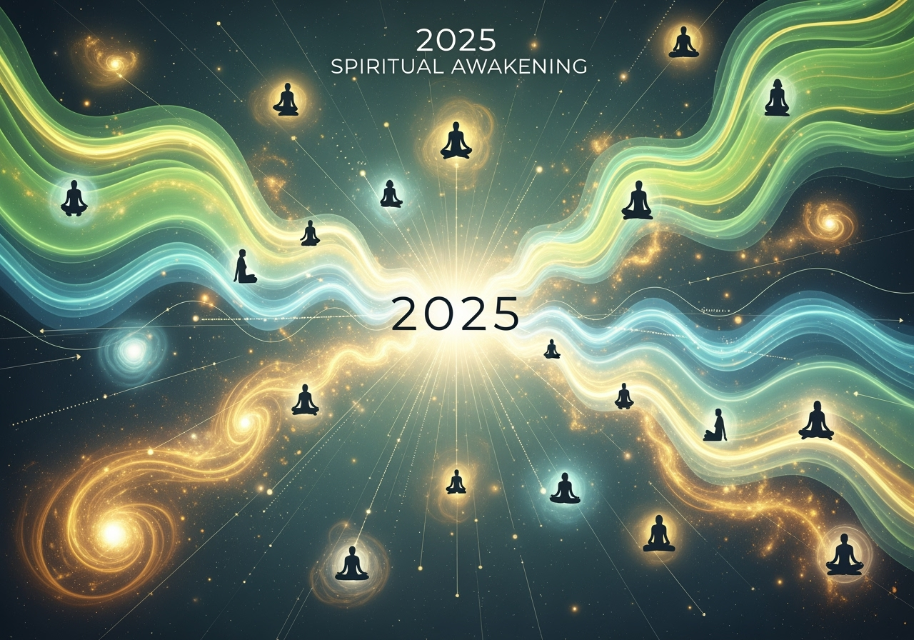 2025 spiritual awakening showing cosmic consciousness expansion, timeline convergence, mass awakening energy, and collective consciousness shift in light greens and blues