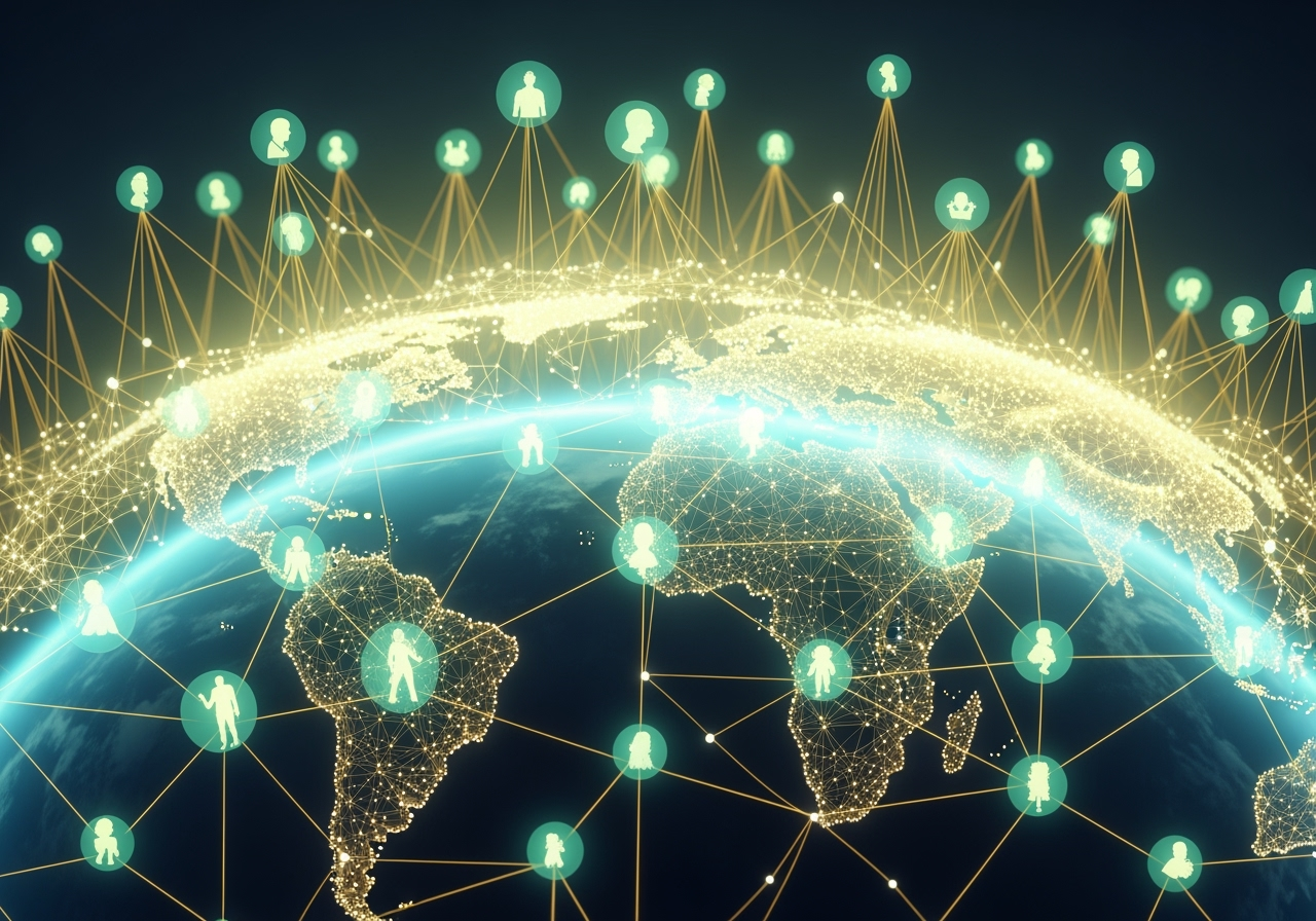 Collective consciousness shift showing interconnected human minds, global awakening network, morphic field resonance, and unified consciousness expansion in light greens and blues