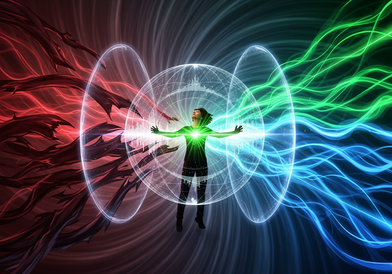 Frequency wars showing energy warfare, frequency battles, love vs fear vibrations, and protecting your energetic field in light greens and blues