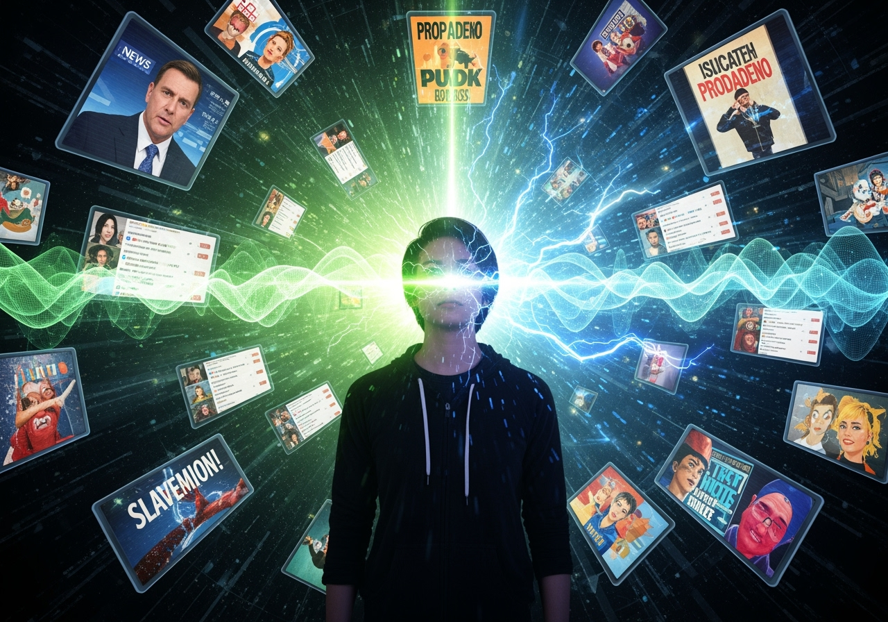 Media mind control showing news manipulation, social media algorithms, psychological warfare, propaganda techniques, and breaking free from media control in light greens and blues