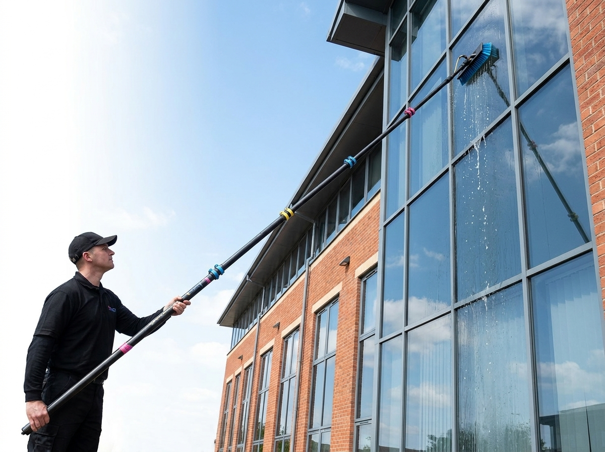 Professional window cleaner using a Reach Pole against a glass building