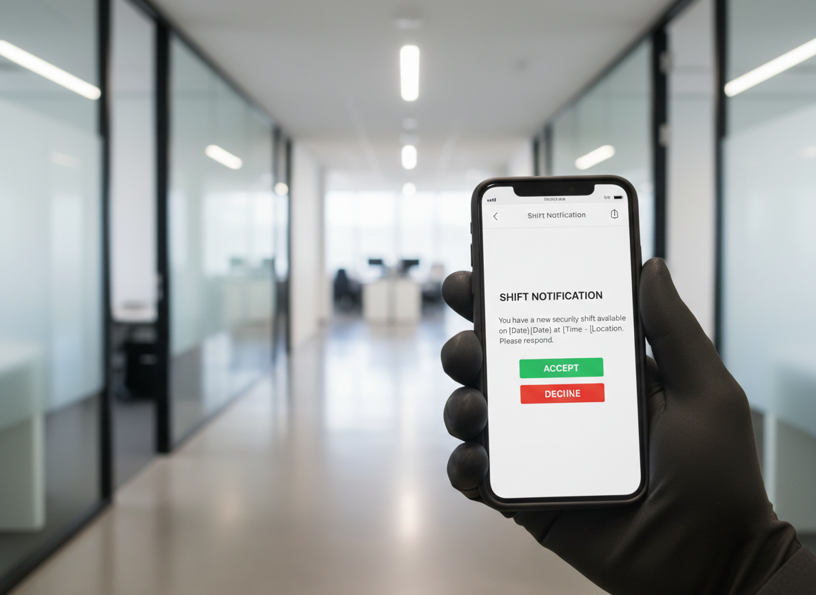 Security professional receiving shift notification on phone